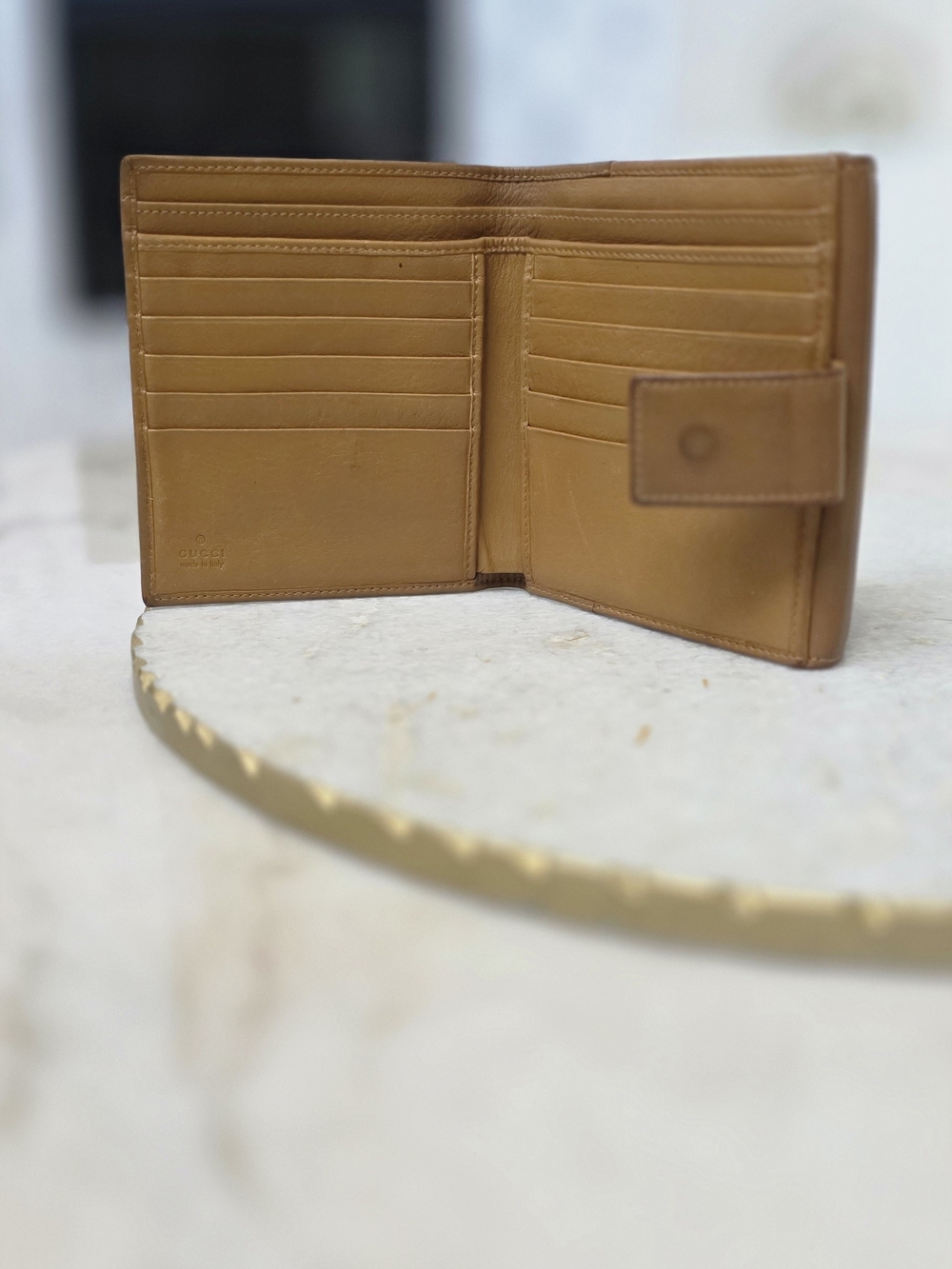 Authentic Vintage Gucci Tan Leather Bifold Wallet Web Stripe Clasp Made in Italy - Picture 9 of 16